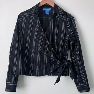 Doncaster Wrap Tie Blouse Cotton Blend Black and White Long Sleeve Shirt…